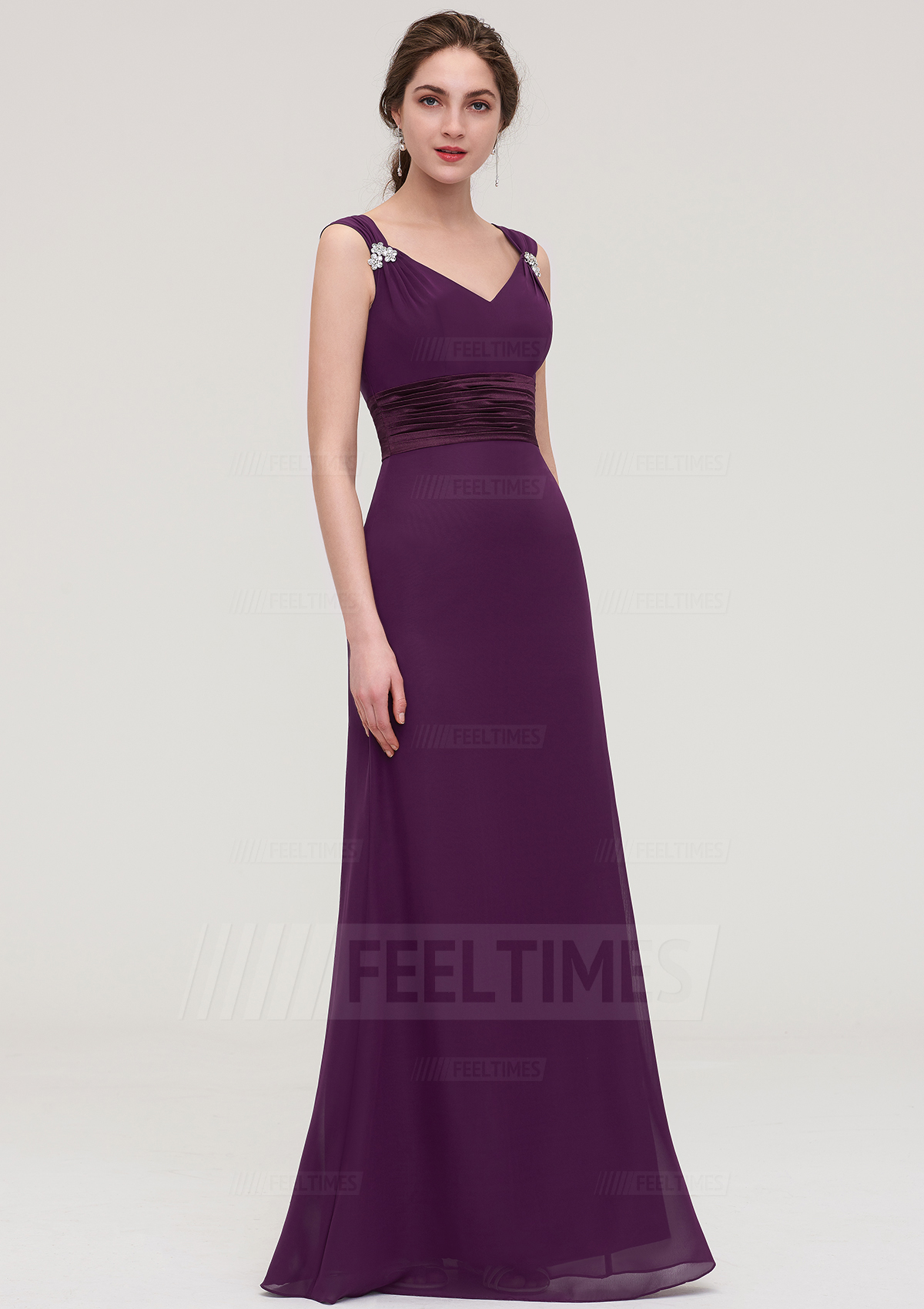 Sheath/Column V Neck Sleeveless Long/Floor-Length Chiffon Bridesmaid Dress With Sashes Beading Pleated