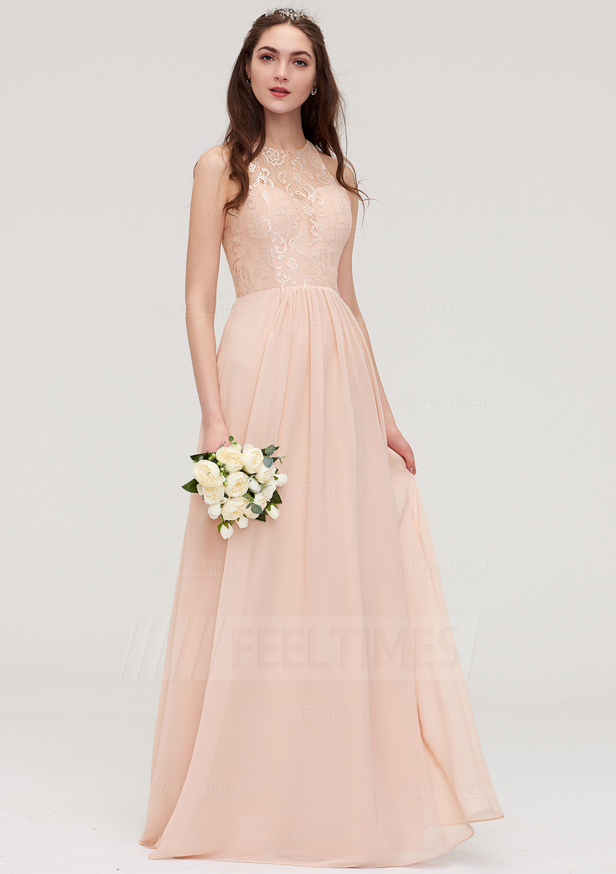 A-line/Princess Bateau Sleeveless Long/Floor-Length Chiffon Bridesmaid Dress With Lace Pleated