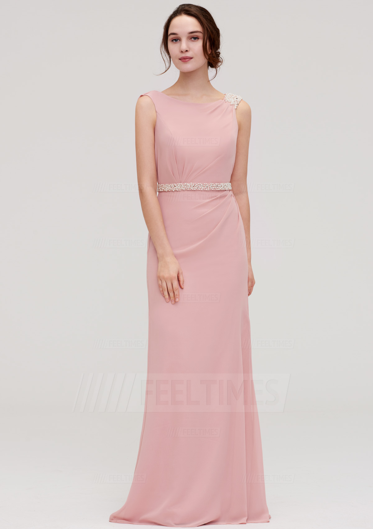 Sheath/Column Bateau Sleeveless Long/Floor-Length Chiffon Bridesmaid Dress With Waistband Beading

